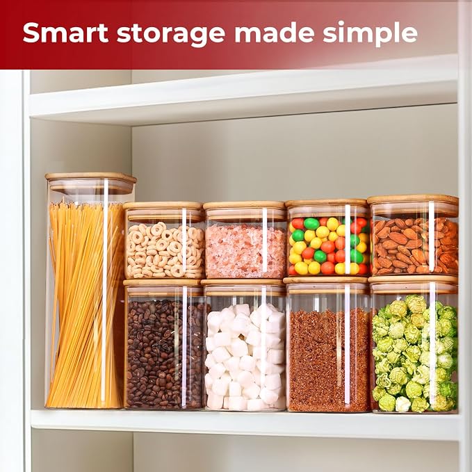 1Qt Airtight Glass Canisters with Bamboo Lid, Square Pantry Storage Containers for Coffee, Cookie, Candy, Snack, Nuts, Dry Goods - Kitchen & Pantry Organizers and Storage Containers 4 pack