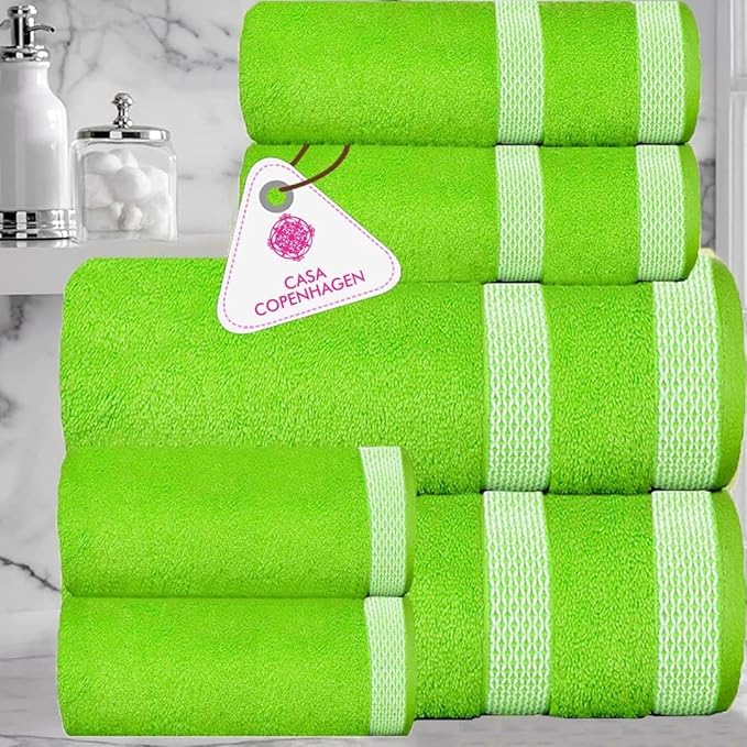 CASA COPENHAGEN Solitaire 6Pcs 100% Egyptian Cotton Large Designer Towels Gift Set- Lime Green, 600GSM, 2Bath 2Hand 2Washcloths, Bath Towels for Bathroom Set for Women & Men