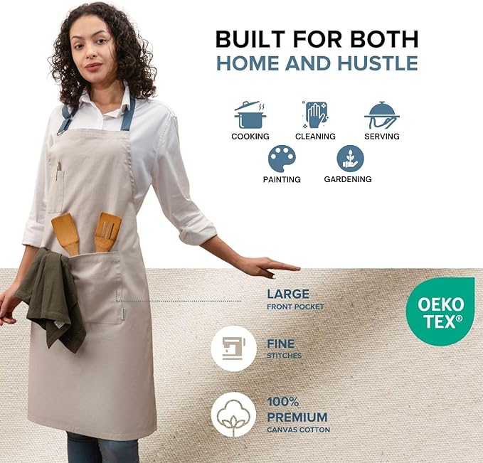 Cotton Canvas Apron for Women & Men – Adjustable Neck Strap & Waist Ties with Pockets
