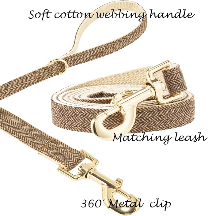Luxury Soft Cotton Tweed Fabric Dog Collar & Leash Set with Gold Buckle – Durable Fabric, Stylish Design for Everyday Walks(Medium Coffee)