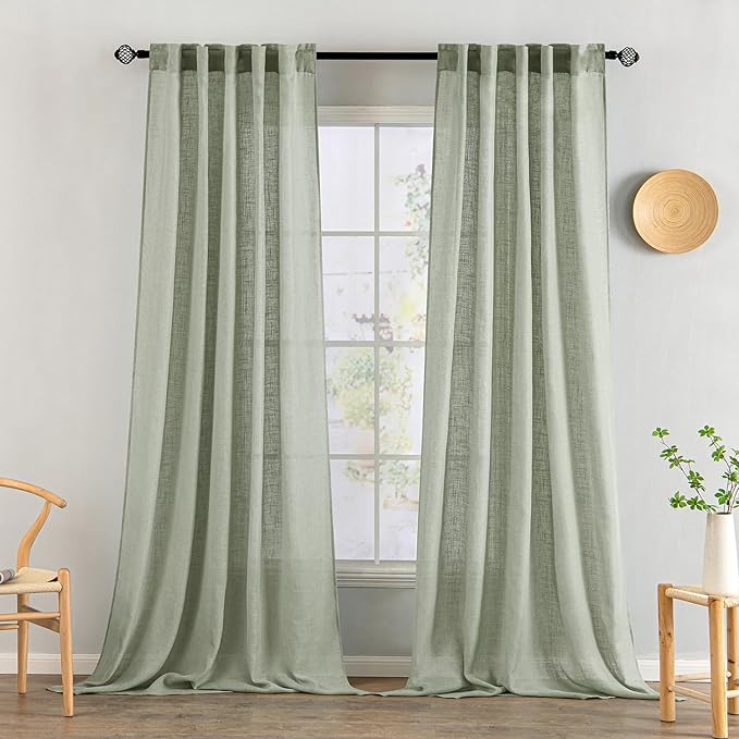 MIULEE Sage Linen Curtains 108 Inch Length 2 Panels for Bedroom Living Room,Green Soft Thick Linen Textured Window Drapes Semi Sheer Light Filtering Back Tab Rod Pocket Burlap Look Decor