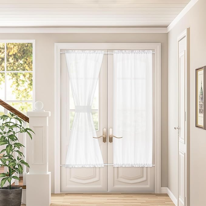 2 Pieces Linen French Door White Curtains W25 x L72 for Kitchen Bathroom Bedroom Glass Door Window Elegant Translucent Open Weave Light Reducing Flax Texture Drapes