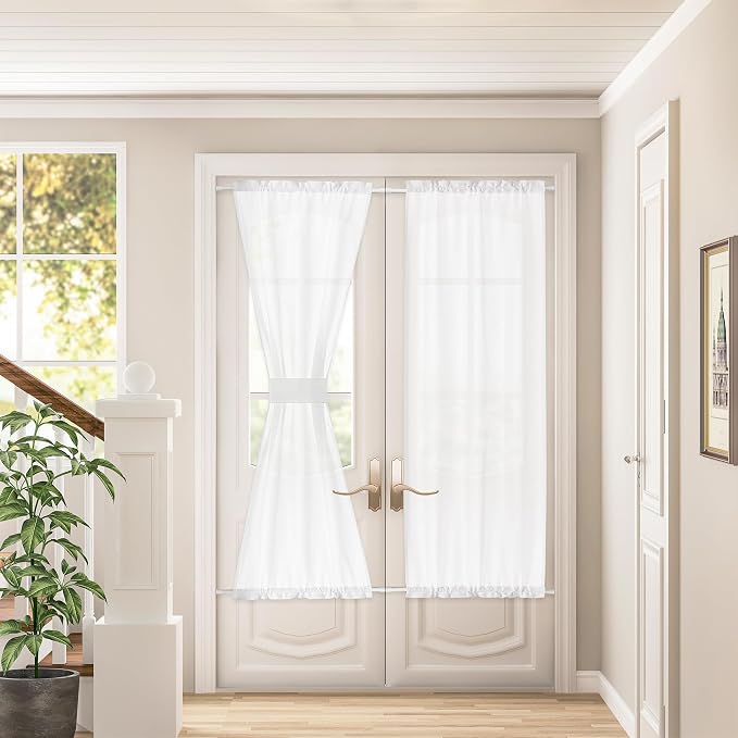 Semi Transparent White Curtains for Kitchen Bathroom French Door Privacy Added 2 Panels Linen Door Curtains W35 x L72 for Cafe Casualsheer Rod Pocket Drapes Light Filtering