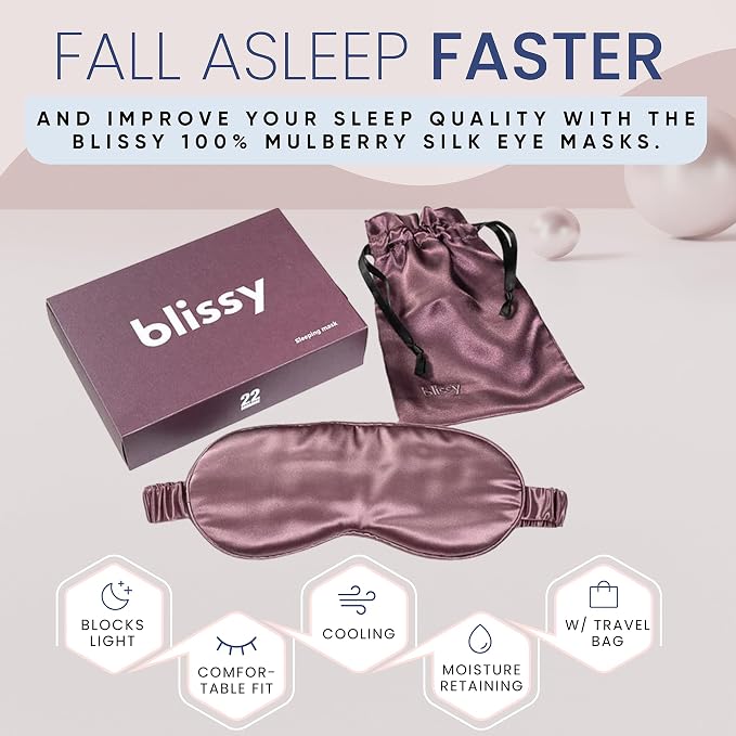Blissy Silk Sleep Mask - Eye Sleeping Mask for Women & Men for Total Blackout - 100% Pure Mulberry Silk, 22 Momme 6a Fibers - Blindfold Sleep Mask Side Sleeper Eye Cover (Plum)