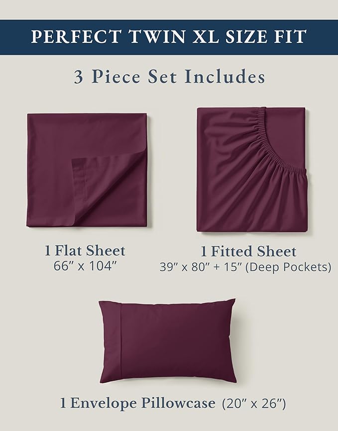 LANE LINEN 100% Organic Cotton Eco Friendly Sustainably Produced Twin XL Sheet Set, Mercerized Soft & Comfy Extra Long Twin Bedding Set, Naturally Cooling Cotton Sheets- Windsor Wine