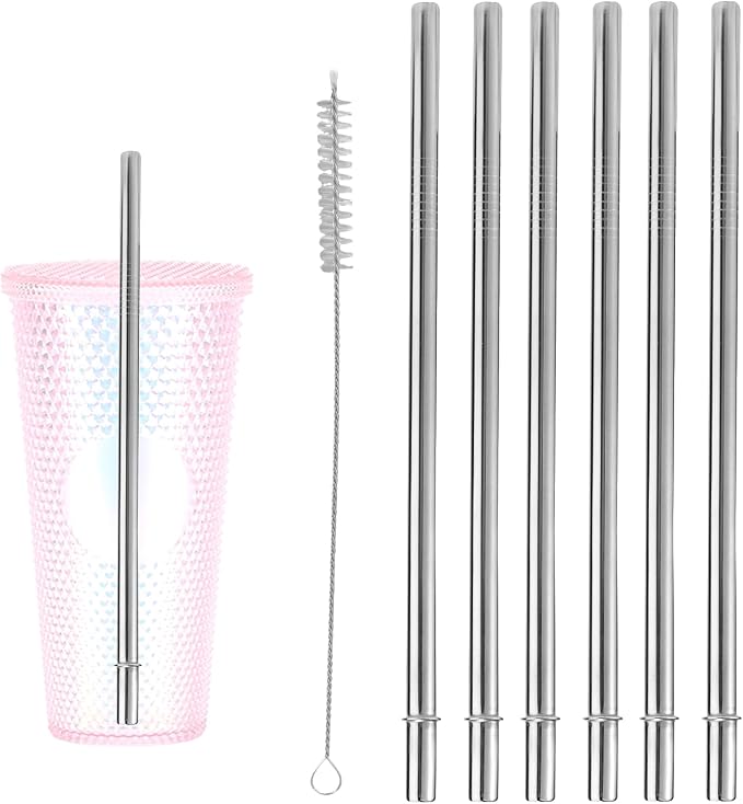 6pcs Stainless Steel Straws for Starbucks Cold Cup Venti 24 oz, Reusable & BPA-Free Metal Straight Tumbler Drinking Straws Replacement Part with Cleaning Brush for Starbucks Accessories(Silver)