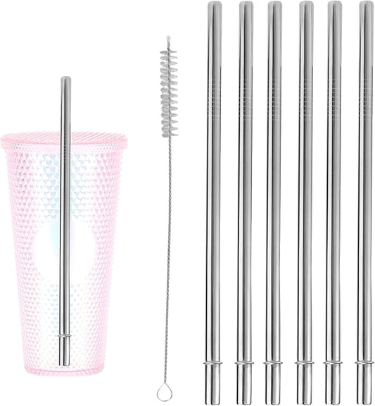 6pcs Stainless Steel Straws for Starbucks Cold Cup Venti 24 oz, Reusable & BPA-Free Metal Straight Tumbler Drinking Straws Replacement Part with Cleaning Brush for Starbucks Accessories(Silver)