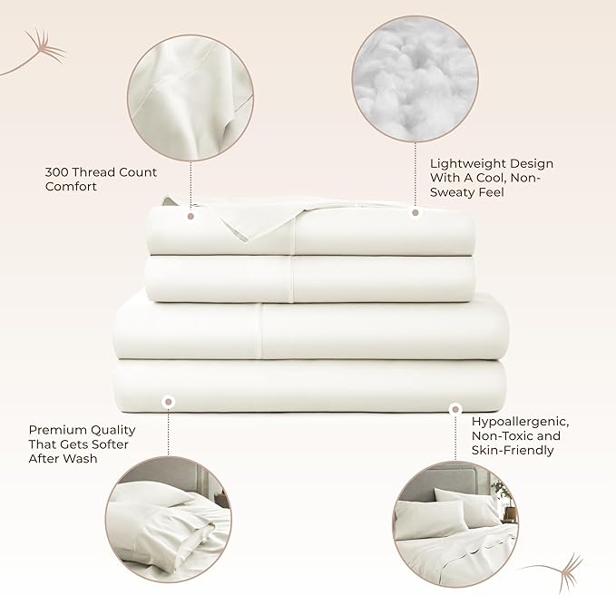100% Organic Cotton Sheets Full Size - GOTS Certified Organic Bed Sheets with Deep Pocket 300 Thread Count & Cozy Sateen Weave Gets Softer with Each Wash - Luxury 4 Piece Set (Natural, Full)