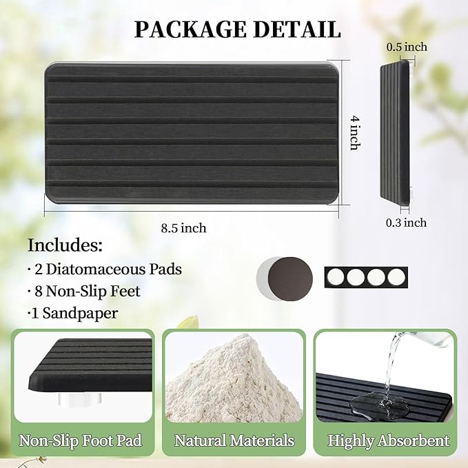 2 PCS Water Absorbing Diatomite Coasters, Stone Drying Mat for Kitchen Counter, Quick Dry Stone Mat Trays for Bathroom Kitchen Counter, Soap Dish Tray Used for Hand Soaps (Dark Gray-B, 8.3" x 4")