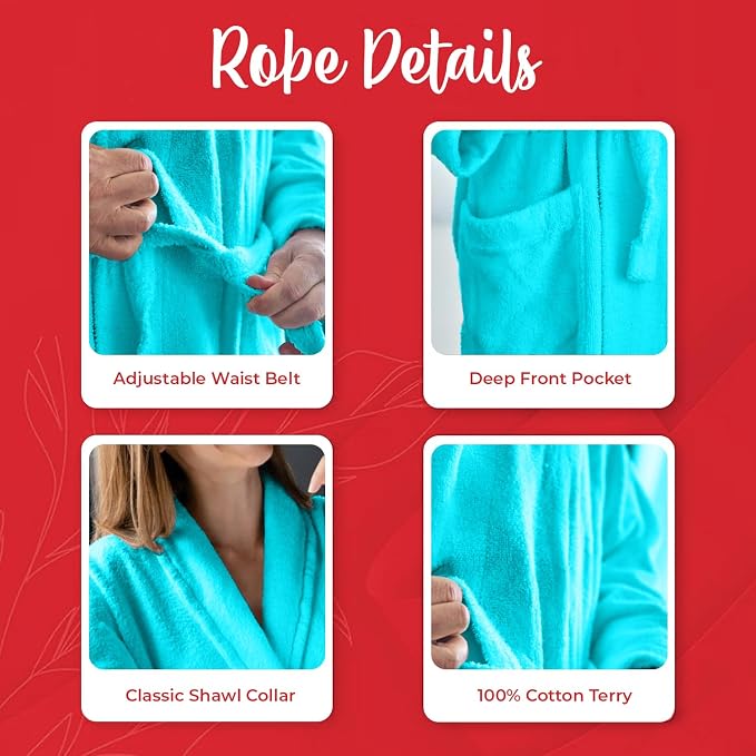 RIVERSIDE Premium 100% Cotton Terry Bathrobe For Women and Men - Soft Towel Robes with Shawl Collar Ajdustable Belt & Pockets