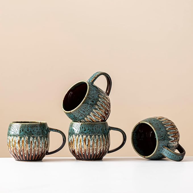 13oz Large Coffee Mug - Unique Handcrafted Look Ceramic Cup, Large Tea Mug, Microwave & Dishwasher Safe (blue,Set of 4)
