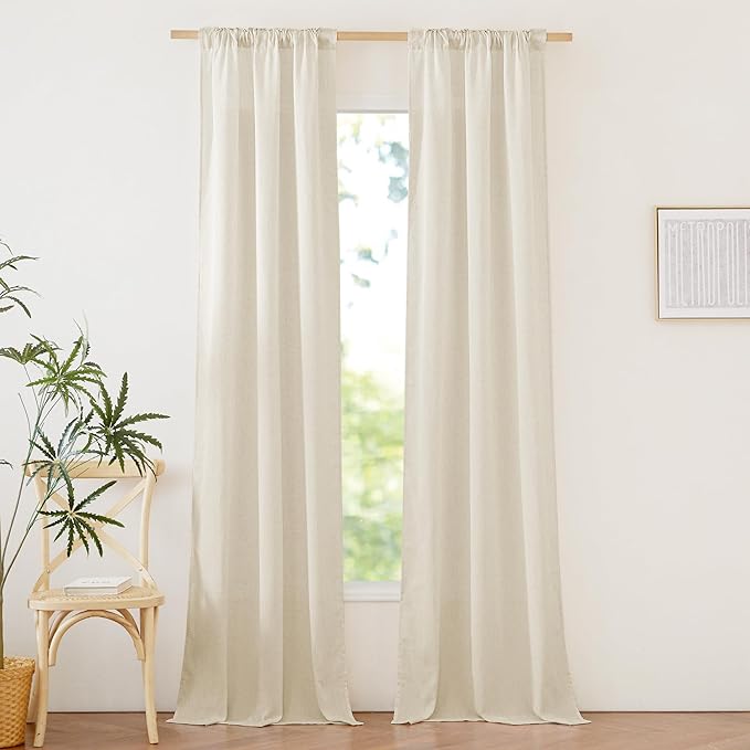 NICETOWN Natural Linen Bedroom Curtains 84 inches Long, Rod Pocket & Back Tab Thick Flax Window Treatments Privacy Assured with Light Filtering for Living Room, W34 x L84, 2 Panels