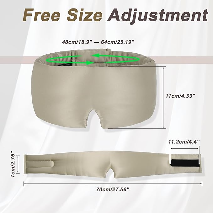 VOCOSTE 22 Momme Pure Silk Sleep Mask with Travel Pouch, 3D Contour Adjustable Blindfold for Side Sleepers, Taupe