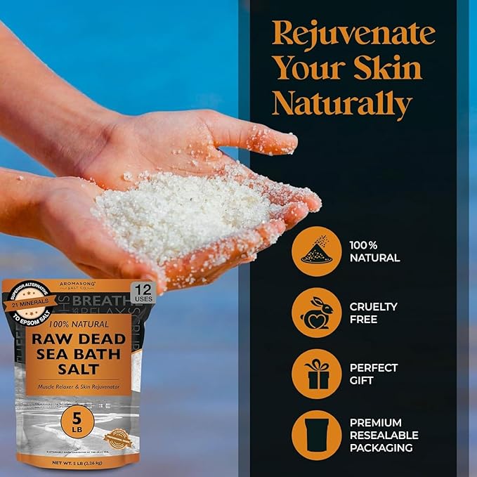 Aromasong RAW Natural Dead Sea Salt (5 LB.) with RAW Dead Sea Salt Infused with Natural Lavender Essential Oil (2.43 lb.) - Bath Soak for Women & Men with Tired Muscles & Skin Issues.