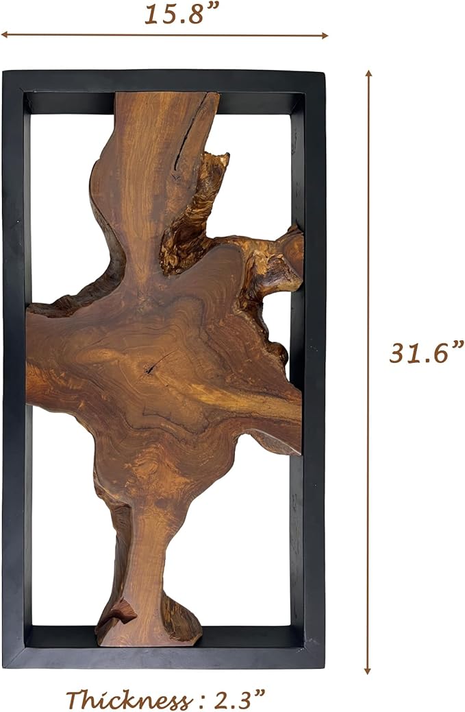 Warmaxx Teak Natural Wood Wall Art Decoration 31.6" x 15.8" Rectangle Farmhouse Wall Art Décor Home Living Room Vintage Accent Bedroom Office Rustic Handcrafted Wooden Floral Design