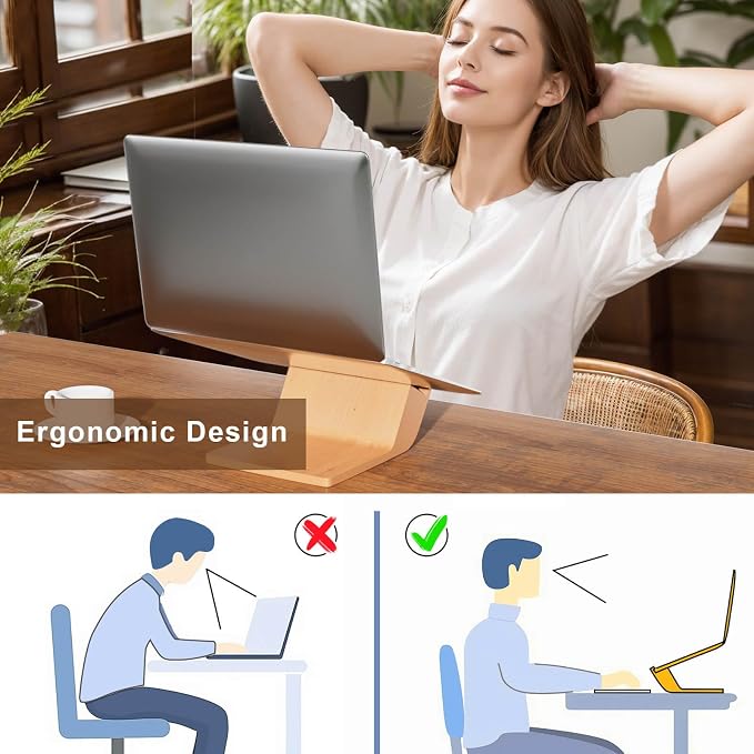 Wooden Laptop Stand, Ergonomic Computer Stand for Desk, Portable Laptop Riser, Notebook Stand Holder Compatible with MacBook Pro/Air, Dell, HP, Lenovo and All Laptops (10-17 inch), Wood