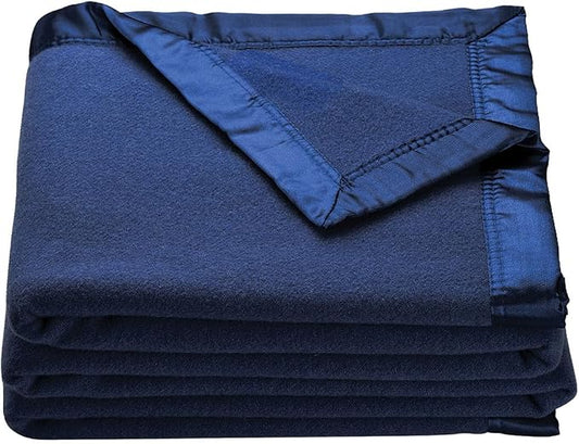 OakRidge Heirloom Merino Wool Blanket – 100% Australian Wool with Vintage Satin Edges – Breathable, Odor-Resistant, All-Season Bedding in Full/Queen Size – Navy Blue Cozy Throw for Home or Travel