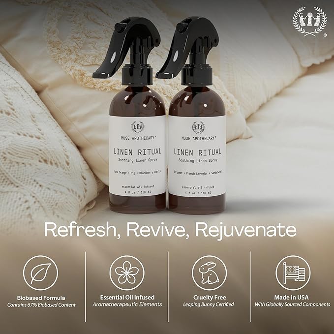 Muse Apothecary Linen Ritual - Aromatic, Soothing, and Relaxing Linen Mist, Laundry and Fabric Spray - Infused with Aromatherapy Essential Oils - 4 oz, Cara Orange + Fig + BlackBerry Vanilla, 2 Pack