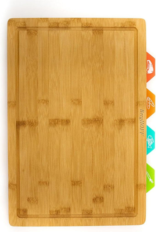 BergHOFF Essentials 5Pc Natural Bamboo Cutting Board Multi-colored Plastic Inserts 16.5" x 11.8" Rectangular Ergonomically Designed Handle