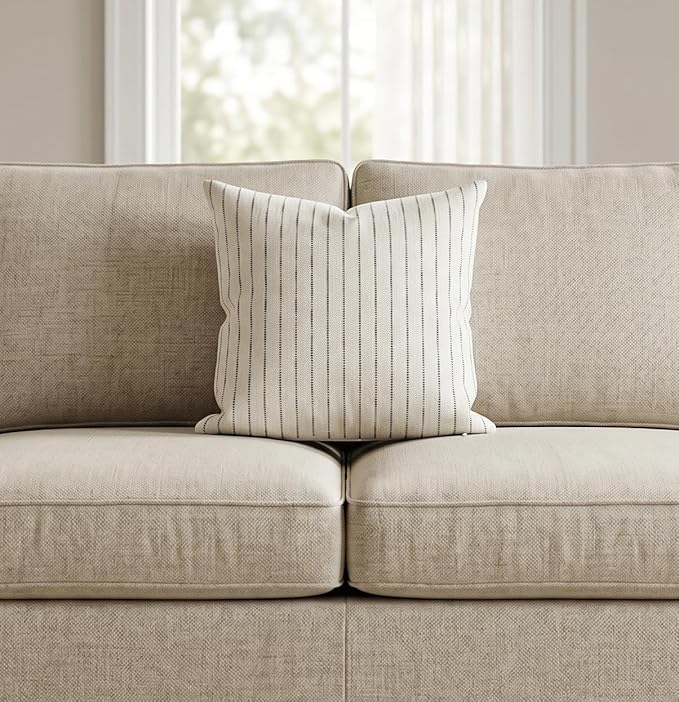 SanVia Cotton Throw Pillow Covers 20x20 – Handwoven Jacquard Texture, Fade-Resistant, No Pilling – Hidden Zipper, Decorative Cushion Cover for Sofa, Couch, Bed – Insert Not Included (Striped, White)