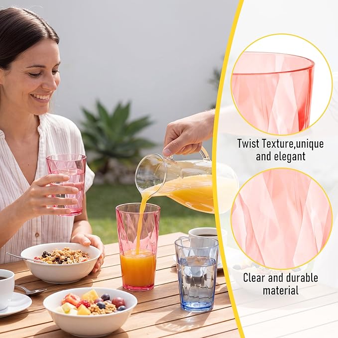 LemonRoad 12 Pack Reusable Plastic Drinking Glasses Set - 20oz &13.5oz Stackable Tumbler, Shatter-resistant Highball Cup for Water, Cocktail, Iced Coffee, Indoor Outdoor, BBQ, Patio, Pool (Multicolor)