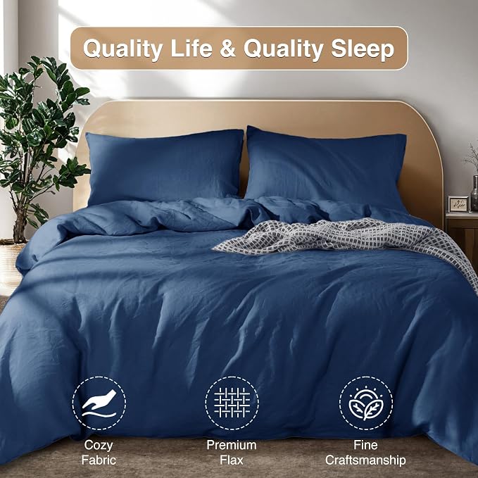 SONORO KATE 100% French Linen Duvet Cover King Size, Soft Breathable for Hot Sleepers, Moisture Wicking & Durable Cover Set - Zipper Closure & 4 Corner Ties Duvet Covers 3 Piece (Navy Blue,King)