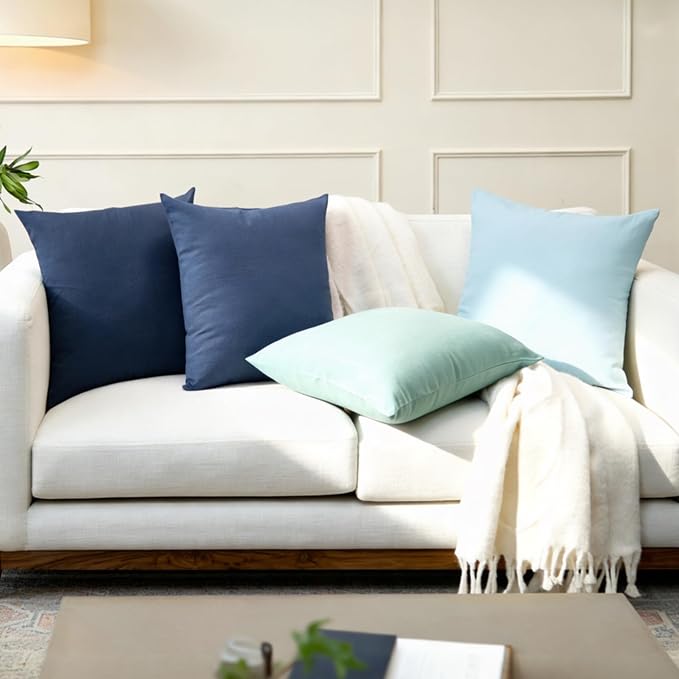 Encasa XO Throw Pillow Covers 18x18 in Set of 4 Blue Combo | No Inserts | Cotton Pillow Covers for Living Room, Bed, Sofa, Couch | Decorative Cushion Covers with Improved Zipper