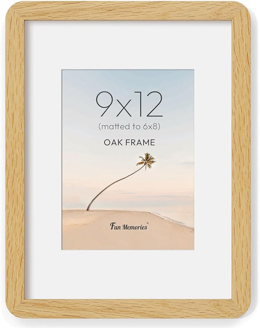 Fun Memories 9x12 Picture Frame - Solid Oak Wood Frame with Real Glass, 9x12 Wooden Frame with Mat for 6x8, Perfect for Horizontal or Vertical Hanging by Wall, Natural Oak