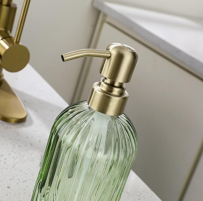16Oz Green Glass Soap Dispenser with Rust Proof Stainless Steel Pump, Green Stripe Bathroom Hand Dish Lotion Dispensers with Brushed Gold Pump,Brushed Gold Glass Soap Dispenser,2 Packs