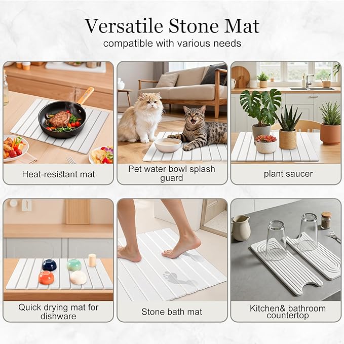 3PCS Set Large Stone Drying Mat for Kitchen Counter Foldable Collapsible Fast Drying Stone Dish Mat Water Absorbing Natural Diatomaceous Earth Bath Mat Quick Dry Stone Tray Bathroom Countertop, White