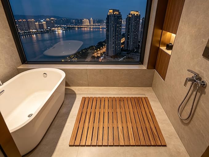 44in 40in 36in 32in 28in 24in 20in Large Customizable Teak Shower Floor Mat, Square Bath Mats for Non Slip with Drain Hole, Yard Patio/Spa/Sauna/Rv Hot Tub Footrest(32x34in(81x86cm)