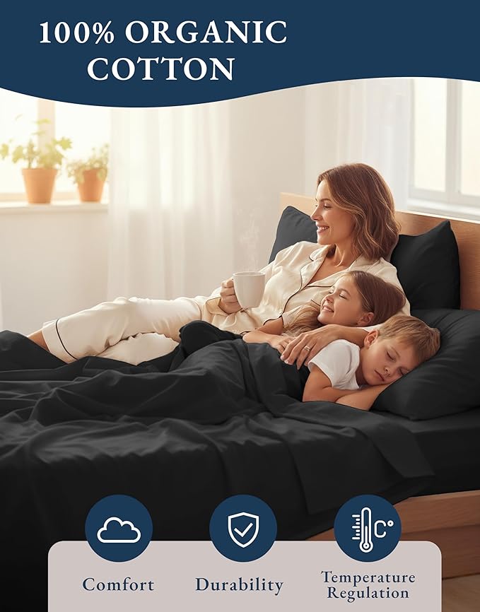 LANE LINEN 100% Organic Cotton Bed Sheets Extra Long Twin, Soft & Comfy Fully Elasticized Percale Perfect for Hospital Bed & Dorm Room, Low Pilling Machine Washable Twin XL Sheet- Black