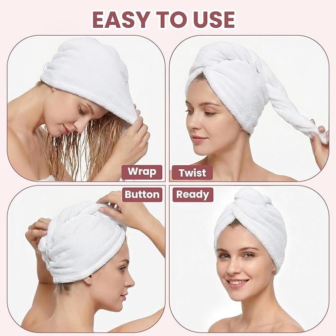 Mandydov 100% Cotton Hair Towel Wrap for Women, 2 Pack Thickened & Super Absorbent Turbans, Anti Frizz Quick Dry Hair Towels (White, Pink)
