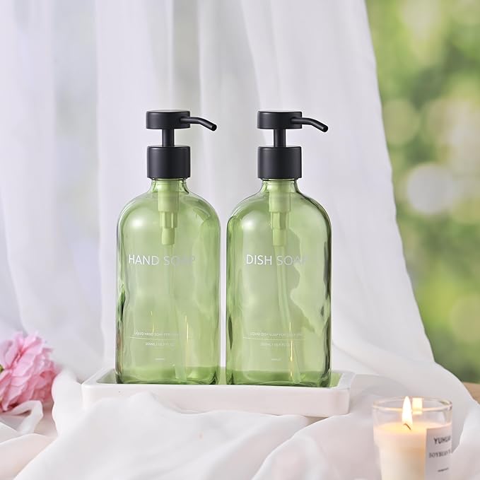 Glass Kitchen Soap Dispenser Set with Ceramic Tray,16.9 floz Hand and Dish Soap Dispenser for Kitchen and Bathroom Decor (Green Bottles + Black Pumps)