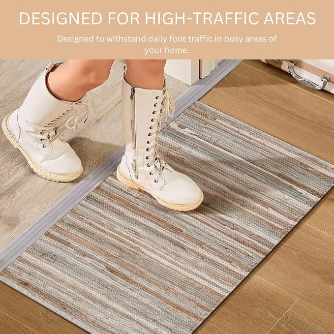 WeWove Hand Woven Chindi Rug Cotton - Boho Rustic Farmhouse Area Accent Throw Rug - Area Floor Carpet for Bedroom Living Room Kitchen Dorm Entryway Hallway - 20x32 inch Area Rug Beige Multi