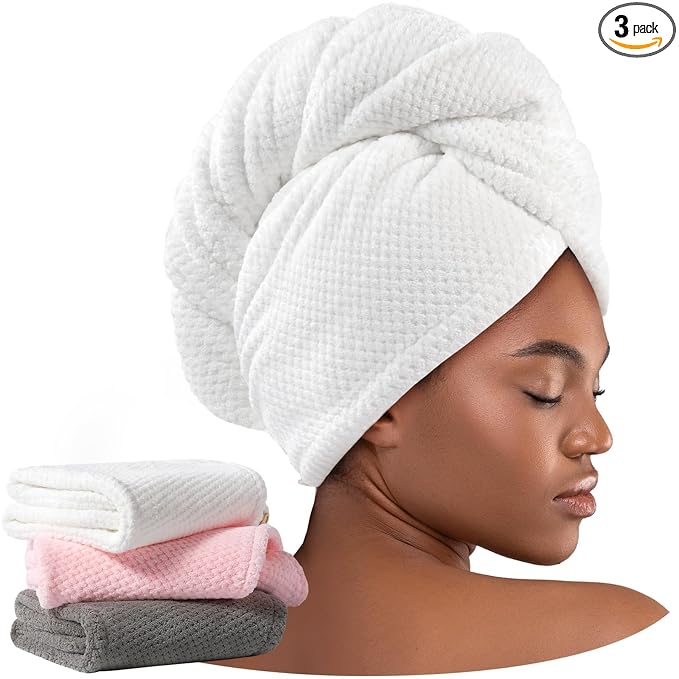 Umisleep 3 Pack Microfiber Hair Towel Wrap for Curly Hair, Super Absorbent Hair Drying Towel for Women, Kids, Hair Care Accessories, Hair Turban for Wet Hair (Grey, White, Pink)
