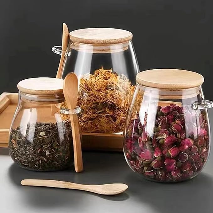 Airtight glass jar storage container with bamboo lid Set of 2, wide mouth, leak-proof, With a spoon, can be used for coffee beans, tea leaves, grains, dried fruits, etc (Small)