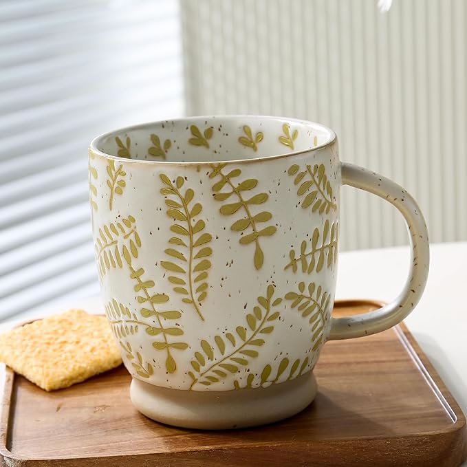 Ceramic Coffee Mug with Colorful Pattern, 18OZ Stoneware Coffee Mug with Large Handle, Tea Cup for Cappuccino, Cocoa, Latte, Tea, Microwave, Oven and Dishwasher Safe, Green leaves