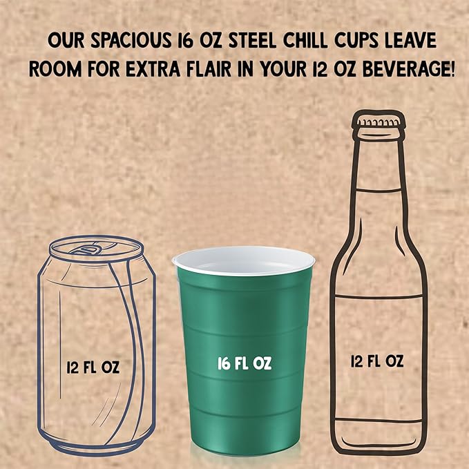 Steel Chill Cups 16 oz. Party Cups, Perfect for Cold Drinks, Sturdy & Durable, Disposable and 100% Recyclable, Made in USA, Green, 180 Count