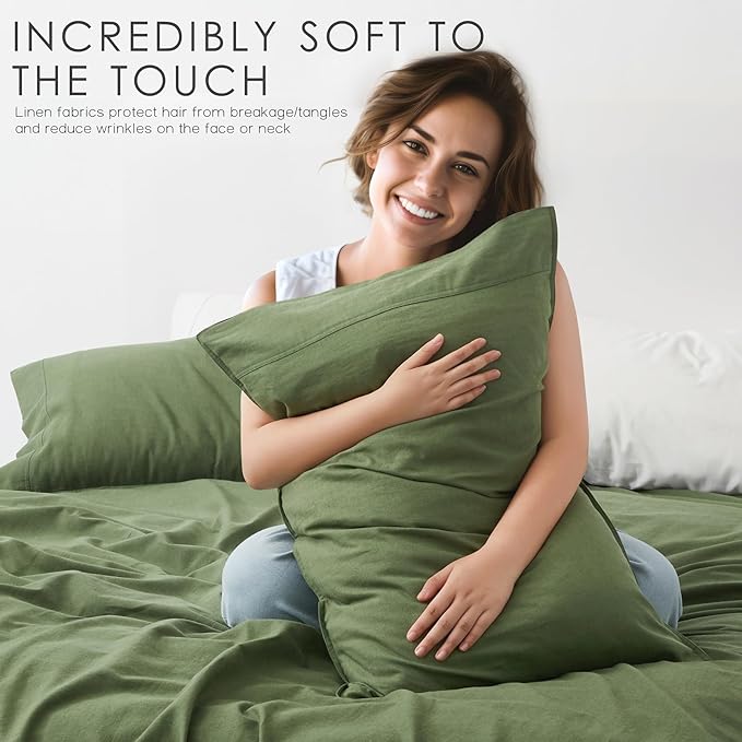 4Pcs Organic Linen Sheets Queen Size, 100% French Linen from Normandy, Breathable Forest Green Queen Sheet Set with 16 Inch Deep Pocket, 1 Flat Sheet, 1 Fitted Sheet, 2 Pillowcases