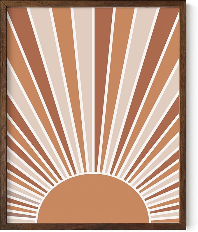 Boho Rising Sun Wall Art Sunburst Rays Earth Tones Terracotta Mid Century Modern 8x10 Inch Oak Wood Walnut Framed Minimalist Landscape Sunshine Print for Nursery Decor