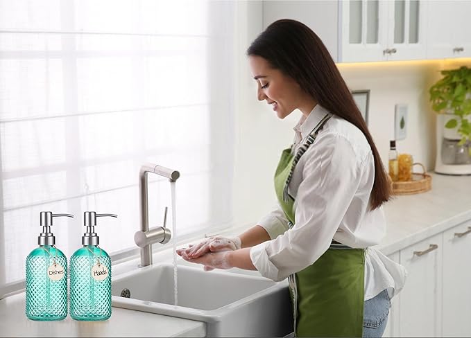 HBlife 2 Pack 16 Oz Glass Soap Dispenser with Stainless Steel Pump, Kitchen Bathroom Refillable Lotion Dispenser (Green)