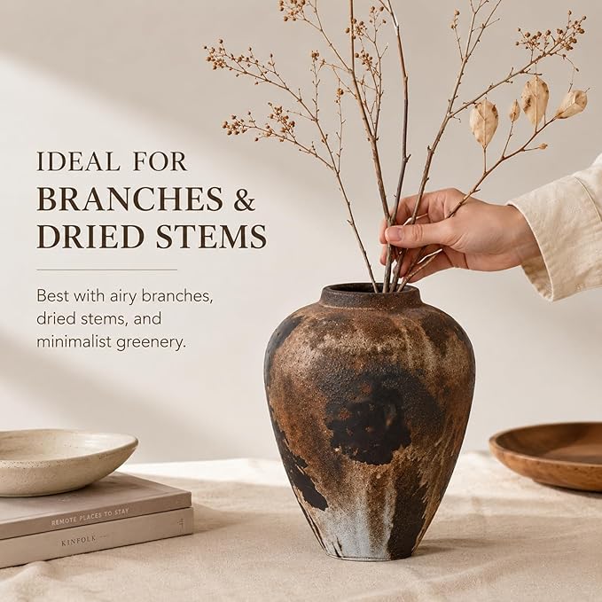 Wabi Sabi Vase 8.6in, Brown Ceramic Vase with Waterproof Coating, Rustic Ceramic Vase for Table Centerpiece, Entryway Shelf Decor, Rustic Farmhouse Pottery Vase