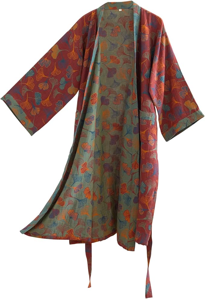 100% Cotton Gauze Ginkgo Leaf Kimono Robe, Long Knit Loose Bathrobe Nightgown Ladies Loungewear Sleepwear for Women