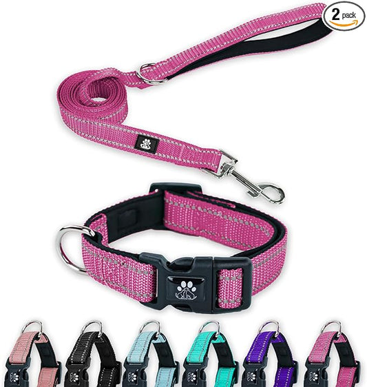 FURRYFECTION Reflective Dog Collar and Leash Set With Quick Release Buckle, Padded Neoprene Adjustable Nylon for Small Medium and Large Dogs (Small Collar+5FT Leash, Hot Pink)