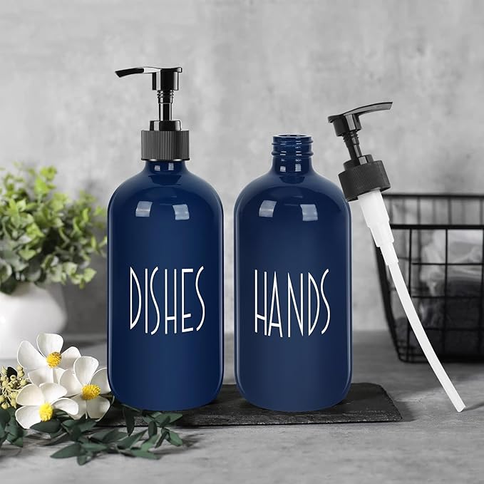 Dish Soap Dispenser for Kitchen - 16 OZ Glass Hand Soap Dispenser Set - Kitchen Bathroom Decor and Accessories (Navy Blue)