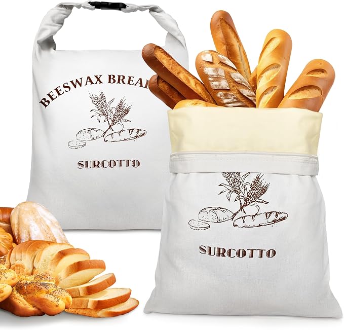 Surcotto Beeswax Bread Bags,2 Pack Sourdough Bread Bag,Reusable,for Homemade Bread,Natural Beeswax-Lined Cotton Food Storage Bags to Keep Fresh,Sourdough Bread Bag for Freezer & Refrigerator