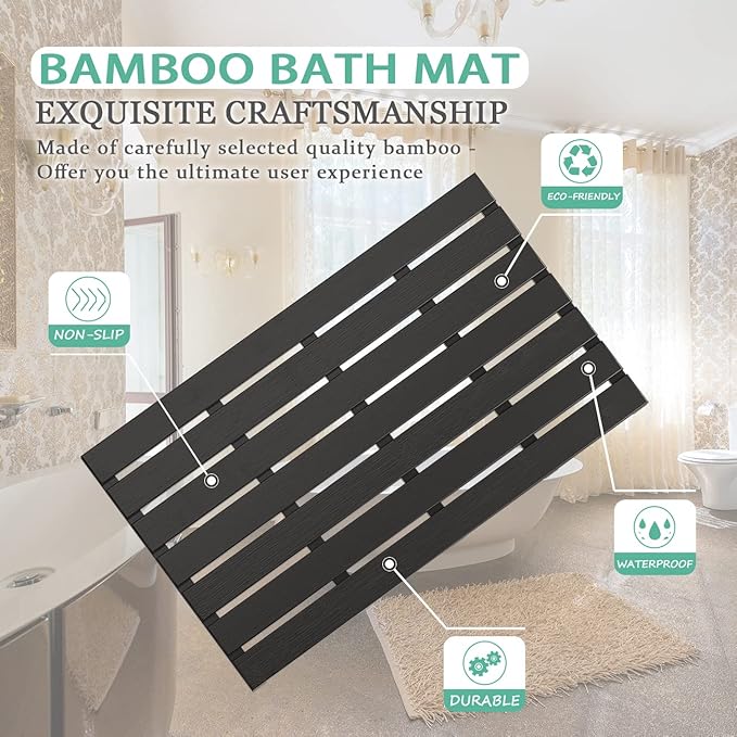 Bamboo Wooden Bath Floor Mat for Luxury Shower - Non-Slip Bathroom Waterproof Carpet for Indoor or Outdoor Use (Black,31.3 x 18.1 x 1.5 Inches)