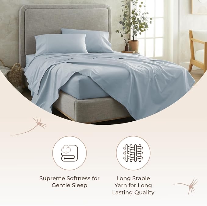 Whisper Organics, King Bed Sheet - 100% Organic Cotton Fitted Sheet - 300 Thread Count, Fitted Sheet Only - GOTS Certified - Deep Pocket, Powder Blue Color (King Size)