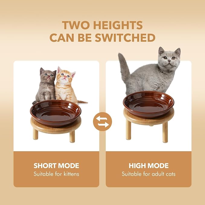 Havniva Elevated Cat Bowls Raised Ceramic Cat Bowl, 5.7” Wide Opening Cat Food Bowl Whisker Friendly Cat Dish Anti-Slip with Bamboo Stand, Shallow Pet Food & Water Bowl for Indoor Cats